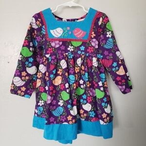 Sweetdil 4T Purple Corduroy Long Sleeve Dress Multicolor Birds Yoke Neck A-line